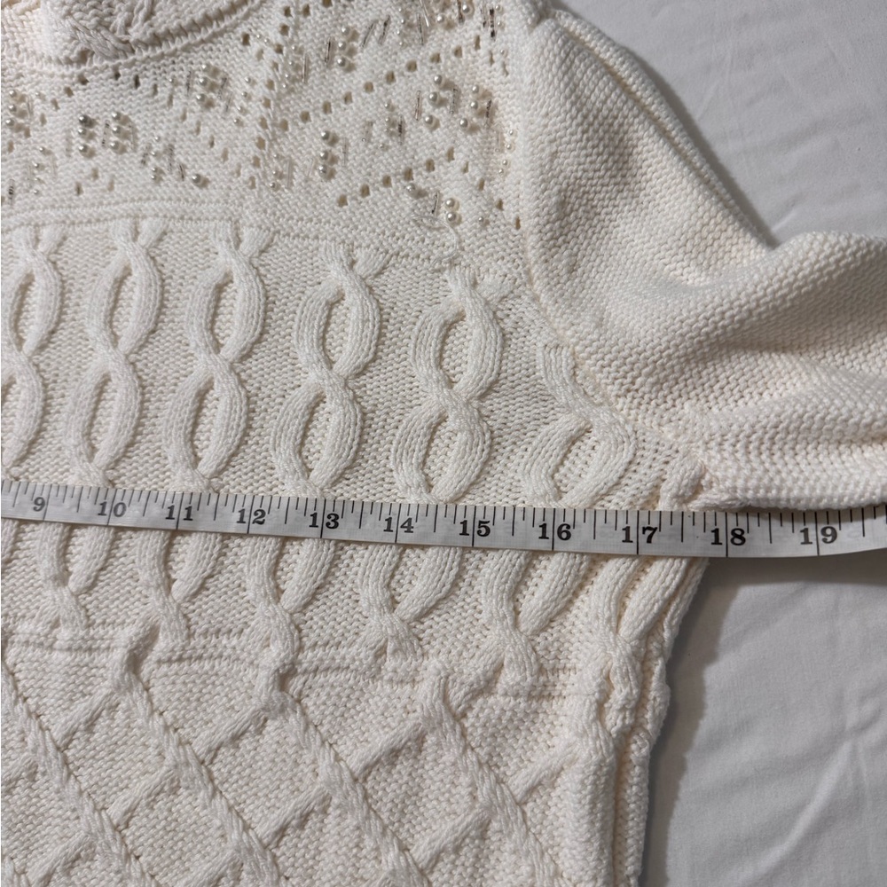 WHBM Cable Knit Sweater Mock Neck Embellished Fringe bell sleeve Ivory Small - Picture 9 of 10